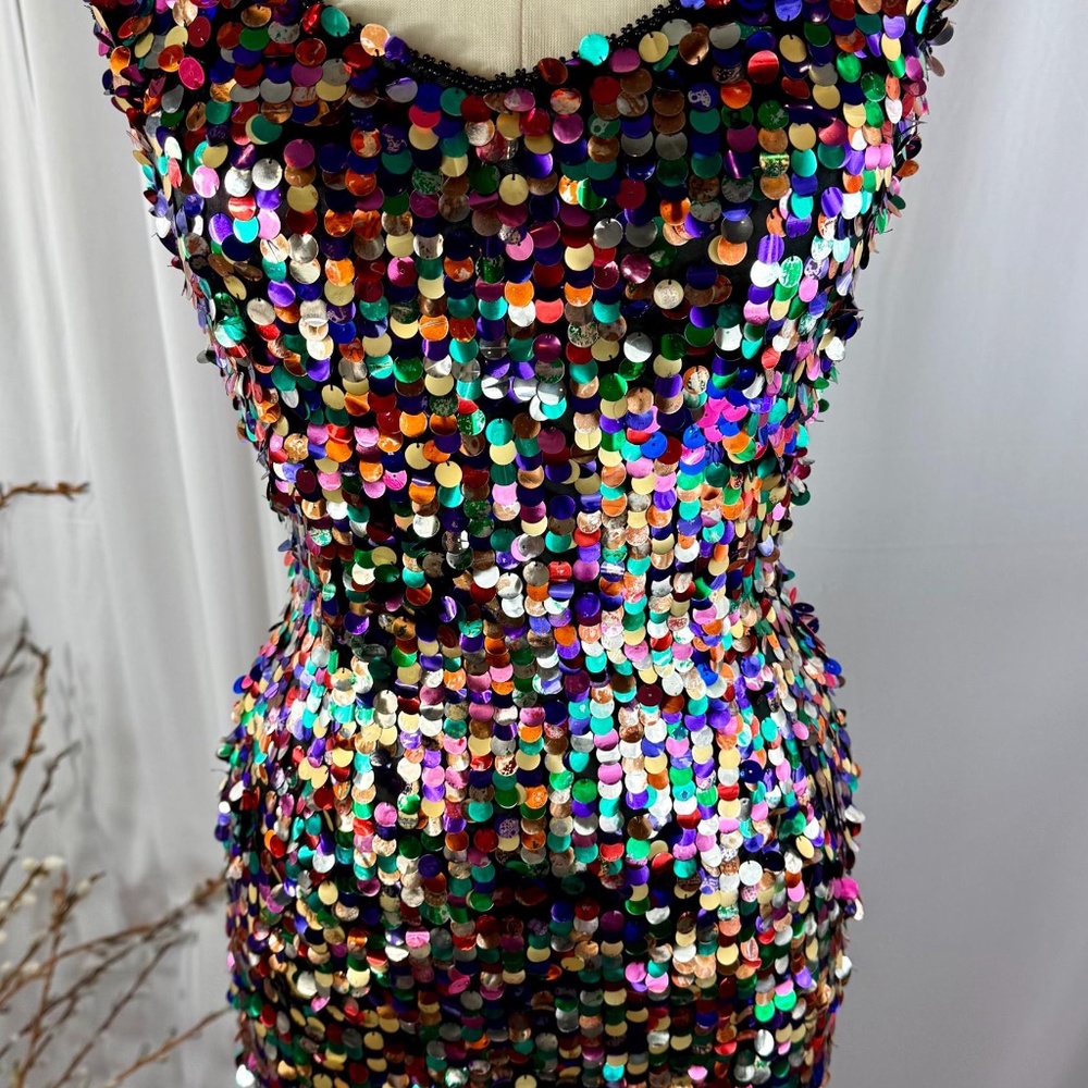 size S//Disco Multi-color Paillette Dress//Strappy Fitted Retro Party Dres